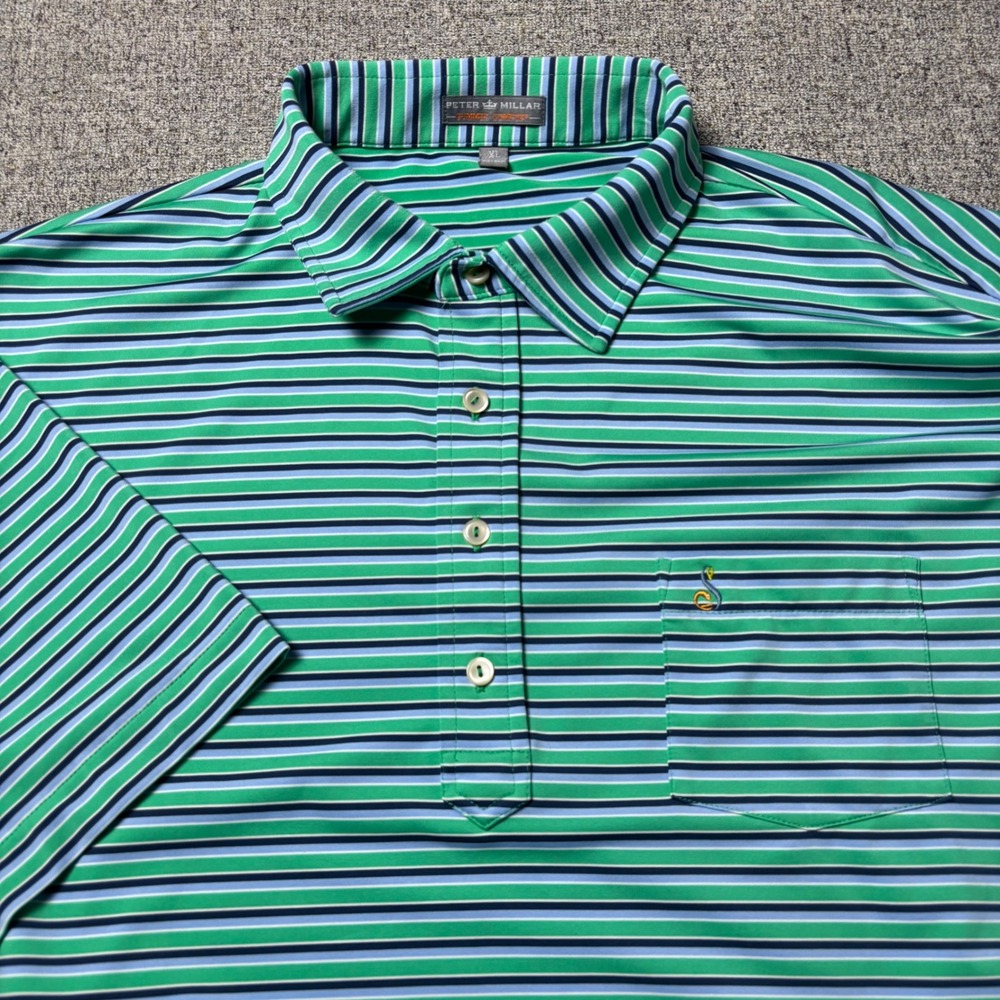 Peter Millar Polo Shirt Mens XL Summer Comfort Green Striped Short Sleeve Pocket